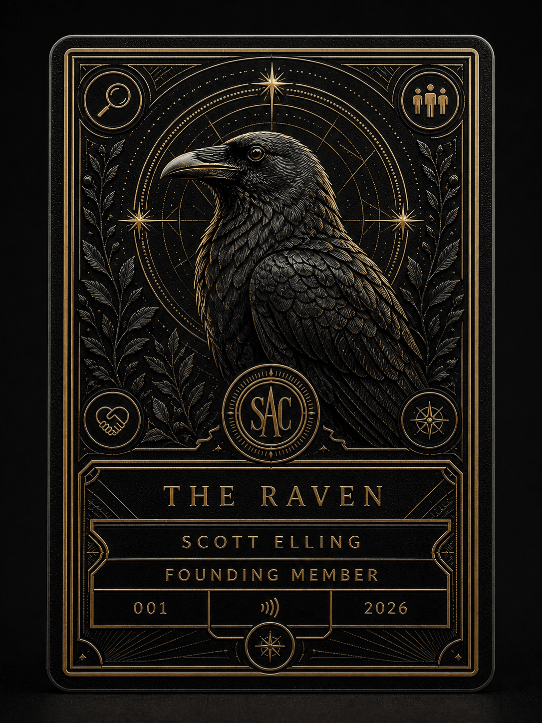 Obsidian and antique-gold Raven membership badge for Scott Elling